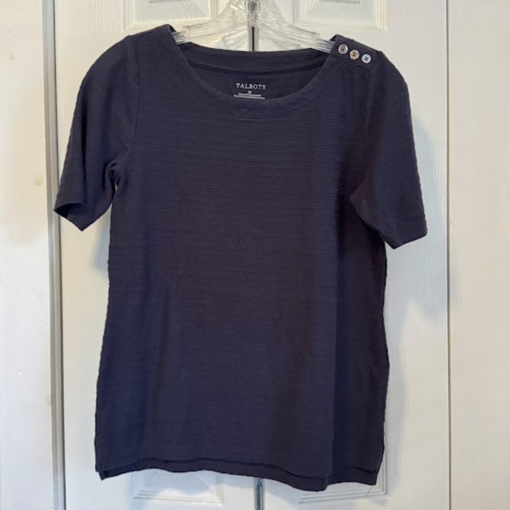 Talbots 100% Cotton Black S/S Shirt with Neckline Silver Metal Buttons Size XS